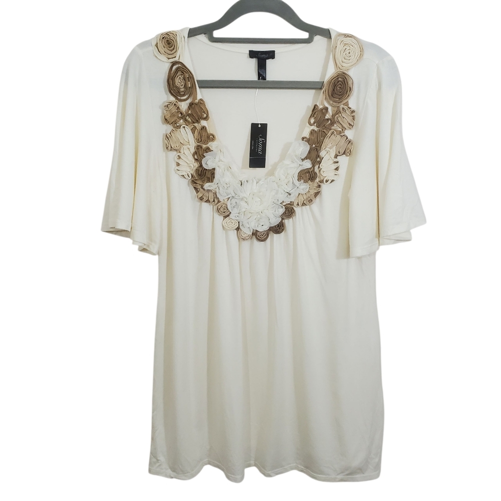 NWT Soma Garden Bloom Flutter Sleeve V-Neck Short Sleeve Top Ivory Small Boho